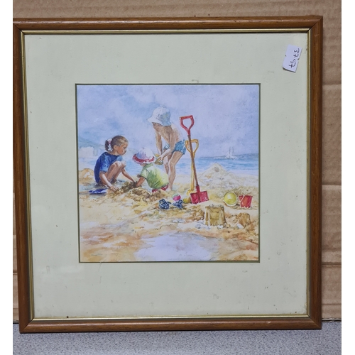 103 - 3 glass framed images to include: a small Watercolour print of children on the beach, measures 26cm ... 