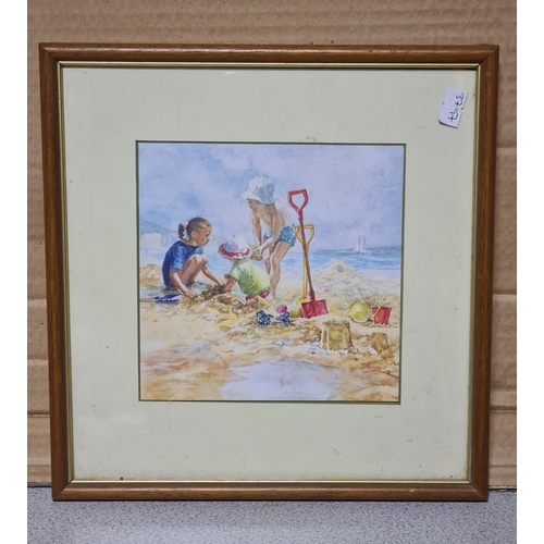 103 - 3 glass framed images to include: a small Watercolour print of children on the beach, measures 26cm ... 