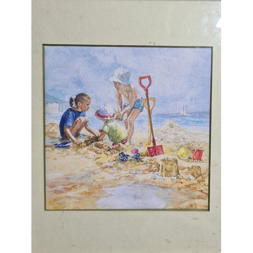 103 - 3 glass framed images to include: a small Watercolour print of children on the beach, measures 26cm ... 