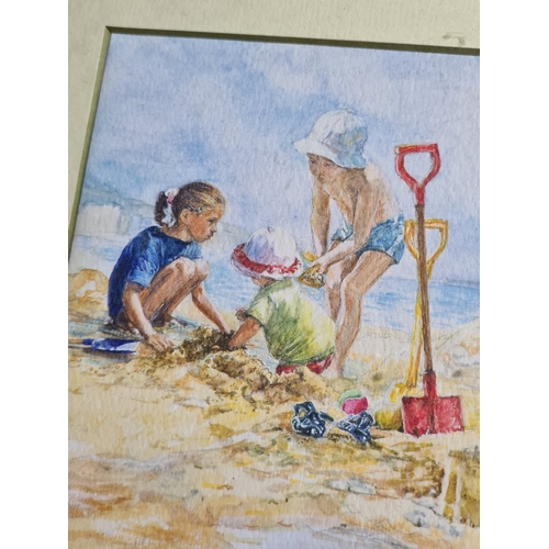 103 - 3 glass framed images to include: a small Watercolour print of children on the beach, measures 26cm ... 