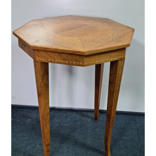 152 - Hexagonal topped musical Side Table with lockable sewing/ storage - key included. Has Sorrento ware ... 