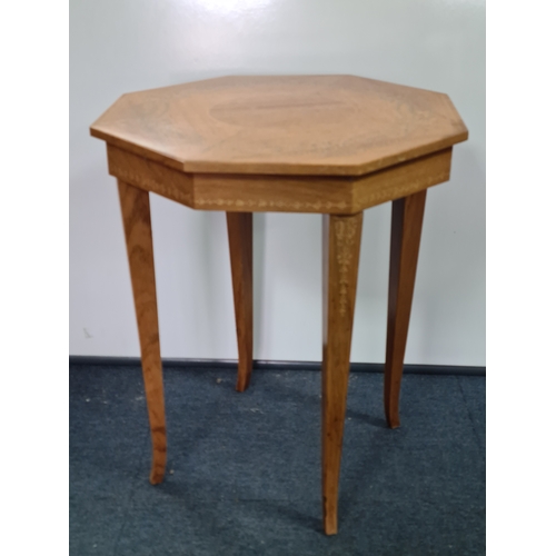 152 - Hexagonal topped musical Side Table with lockable sewing/ storage - key included. Has Sorrento ware ... 