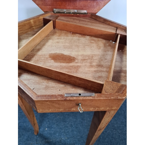 152 - Hexagonal topped musical Side Table with lockable sewing/ storage - key included. Has Sorrento ware ... 