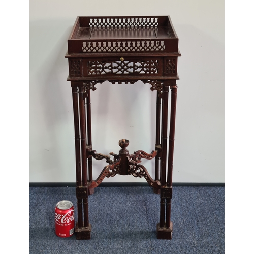 153 - Antique Mahogany Carved Occasional Table /Kettle Stand with draw. Measures H69cm x33cm x33cm. AF