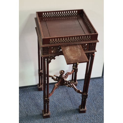 153 - Antique Mahogany Carved Occasional Table /Kettle Stand with draw. Measures H69cm x33cm x33cm. AF