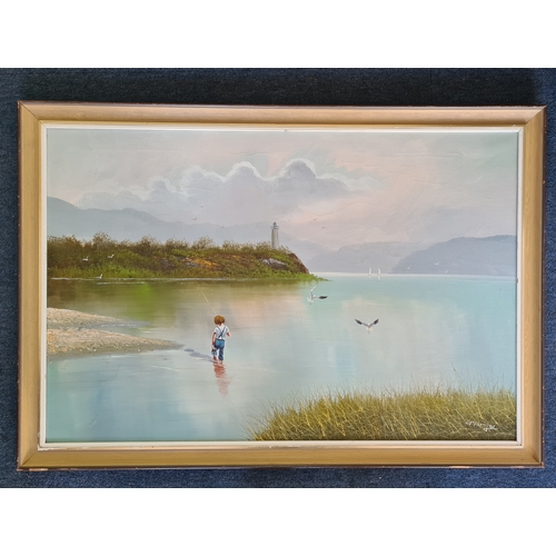 108 - Large framed Oil on Canvas of a boy fishing by Granger. Measures H69cm x 100cm.