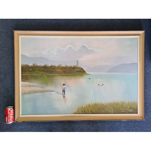 108 - Large framed Oil on Canvas of a boy fishing by Granger. Measures H69cm x 100cm.