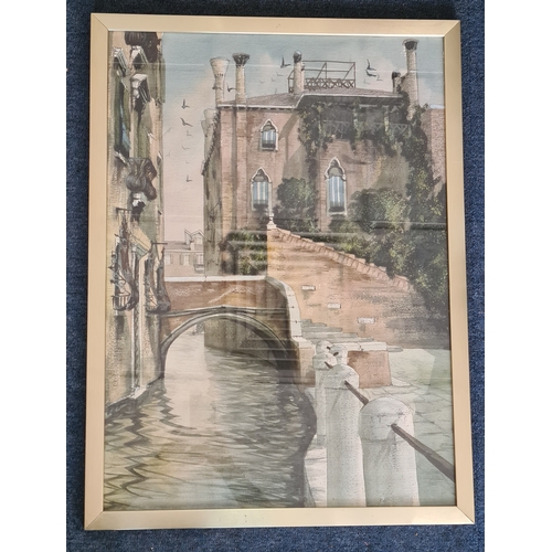109 - Glass framed original Watercolour Painting of a Venetian Canal. Measures H74cm x54.5cm.