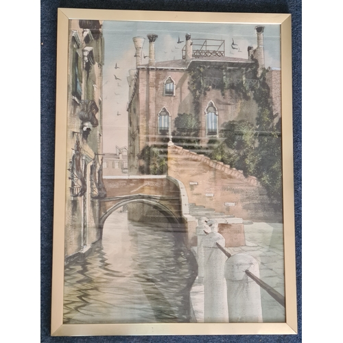 109 - Glass framed original Watercolour Painting of a Venetian Canal. Measures H74cm x54.5cm.