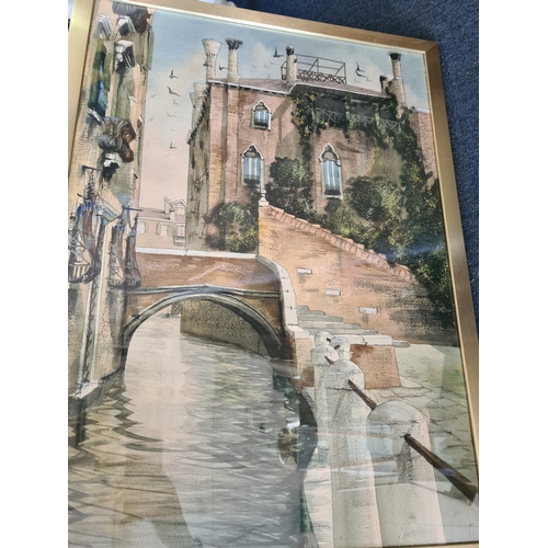 109 - Glass framed original Watercolour Painting of a Venetian Canal. Measures H74cm x54.5cm.