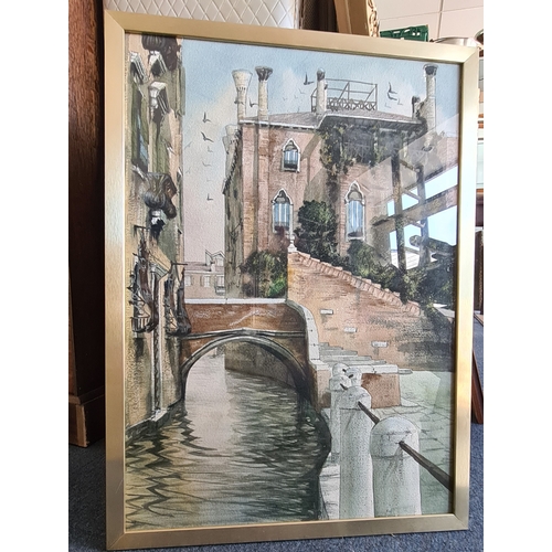 109 - Glass framed original Watercolour Painting of a Venetian Canal. Measures H74cm x54.5cm.