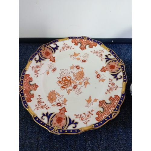 59 - A royal crown Derby imari style plate and a Doulton Burslem arundel biscuit jar/ tin with silver pla... 
