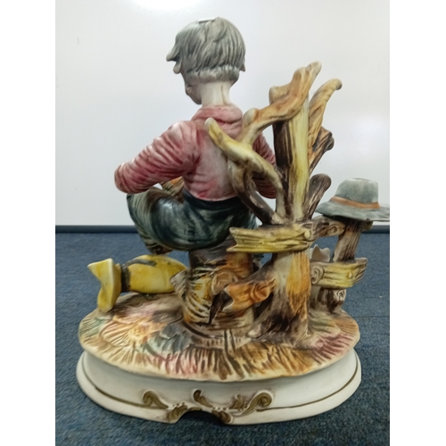 64 - A Capodimonte statue of a man playing accordian H 28 W 30 and a pair of large glass candle holders