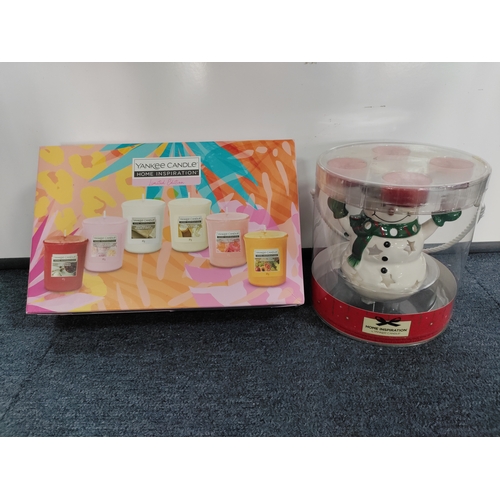 68 - Boxed Yankee candles and boxed snowman with tea lights.