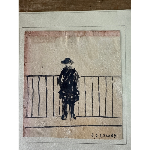 258 - Original pencil drawing of a person standing by a fence signed LS Lowry. We cannot prove provenance ... 