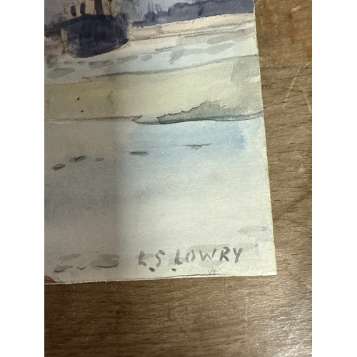 259 - Original pencil and watercolour drawing of a harbour scene with ships, signed LS Lowry. Then on the ... 