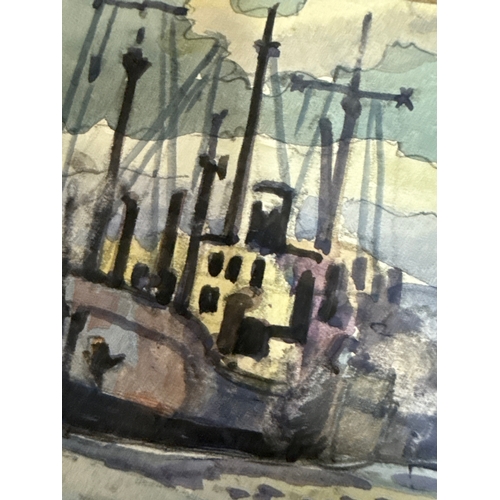 259 - Original pencil and watercolour drawing of a harbour scene with ships, signed LS Lowry. Then on the ... 