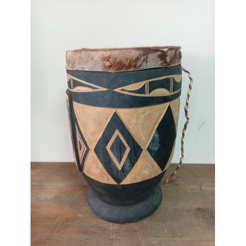 1 - Antique Djembe African Black Wooden Animal Skin Drum