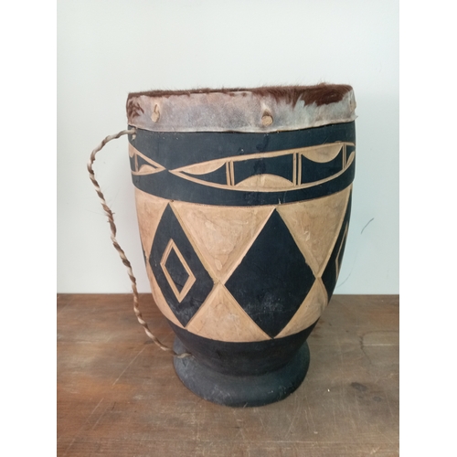 1 - Antique Djembe African Black Wooden Animal Skin Drum