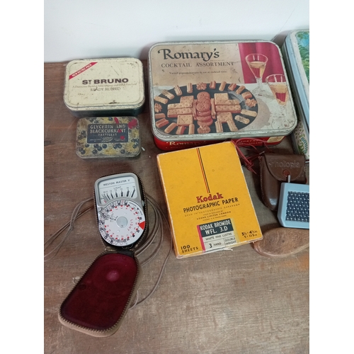 4 - Assortment Of Vintage Empty Tins, Boxes & Weston Master V Exposure Meter With Case
