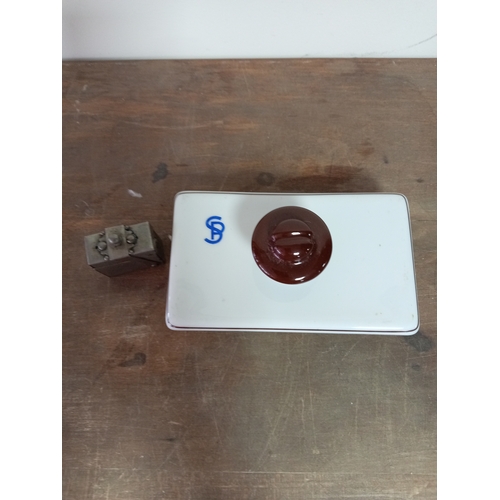 6 - Vintage Ceramic Ink Blotter Roller & Metal Pocket Ink Well Pot