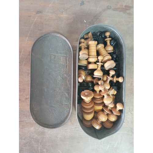 26 - Hand Carved Chess 32 Piece Set Wooden in a Vintage Tin

General Wear & Tear. 1 Piece has noticable d... 