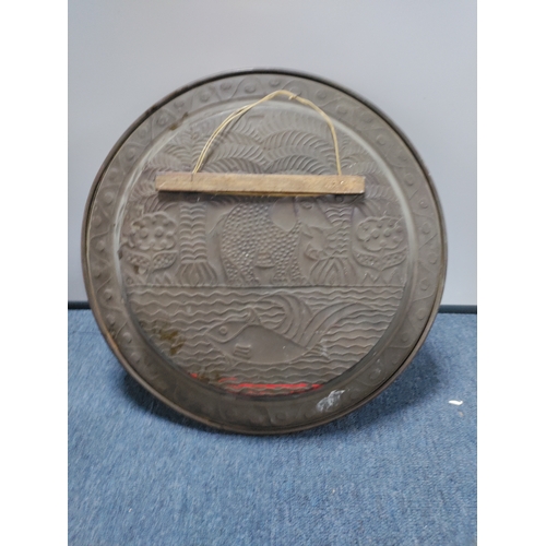 35 - A vintage brass charger with an elephant design. diameter 45 cm