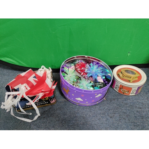 49 - A job lot of mid century glass, tins, lamp and sheet music