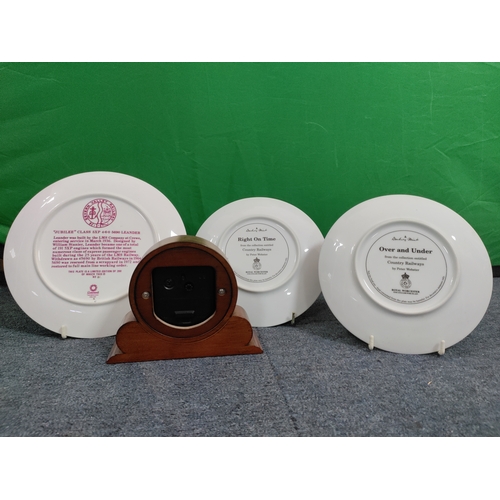 59 - A collection of flasks, decanters and 2 Royal Worcester plates and a Laverswall fine china plate. To... 