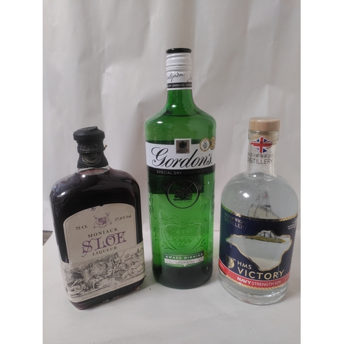 265 - Three bottles of Gin and Liqueur, to include; One bottle of Moniack Sloe Liqueur, one bottle of HMS ... 