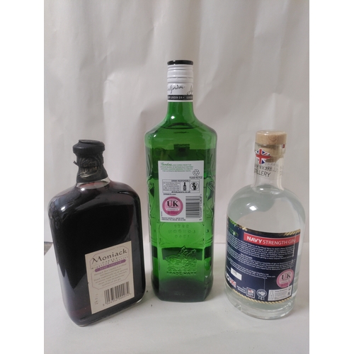 265 - Three bottles of Gin and Liqueur, to include; One bottle of Moniack Sloe Liqueur, one bottle of HMS ... 
