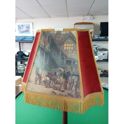 10 - Vintage oak standard lamp with a decorative Large Lampshade Depicting Historical Coaching Inn Scene