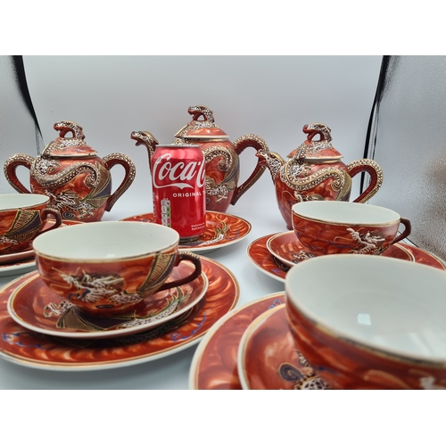 11 - A vintage hand painted 1960's Japanese Satsuma Dragonware Moriage Tea Set, marked H H.P. (Kutani Hay... 