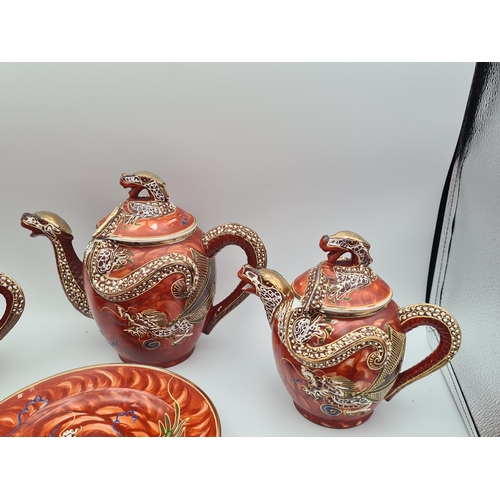 11 - A vintage hand painted 1960's Japanese Satsuma Dragonware Moriage Tea Set, marked H H.P. (Kutani Hay... 