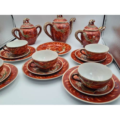 11 - A vintage hand painted 1960's Japanese Satsuma Dragonware Moriage Tea Set, marked H H.P. (Kutani Hay... 