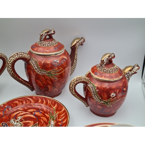 11 - A vintage hand painted 1960's Japanese Satsuma Dragonware Moriage Tea Set, marked H H.P. (Kutani Hay... 