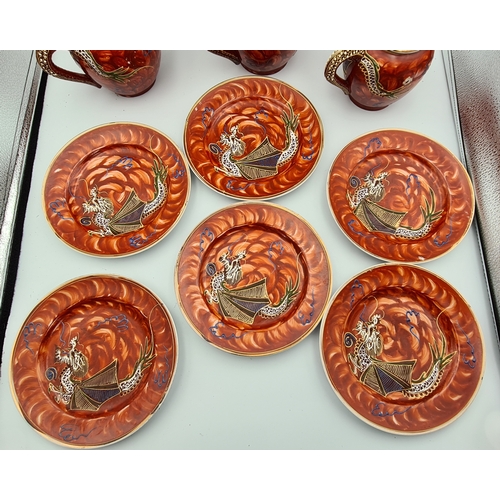 11 - A vintage hand painted 1960's Japanese Satsuma Dragonware Moriage Tea Set, marked H H.P. (Kutani Hay... 