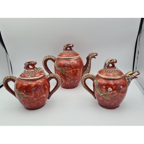 11 - A vintage hand painted 1960's Japanese Satsuma Dragonware Moriage Tea Set, marked H H.P. (Kutani Hay... 
