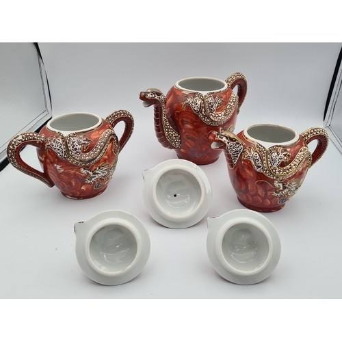 11 - A vintage hand painted 1960's Japanese Satsuma Dragonware Moriage Tea Set, marked H H.P. (Kutani Hay... 