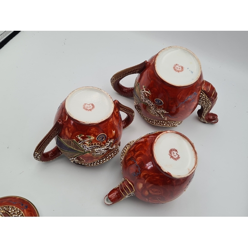 11 - A vintage hand painted 1960's Japanese Satsuma Dragonware Moriage Tea Set, marked H H.P. (Kutani Hay... 
