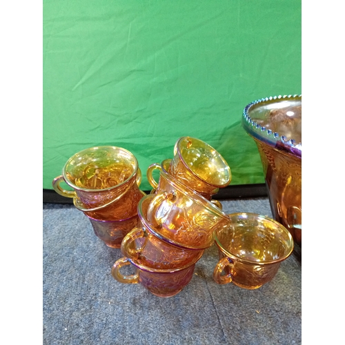15 - Vintage Indiana Carnival Marigold Iridescent Glass Punch Bowl (one small chip as shown) With Matchin... 
