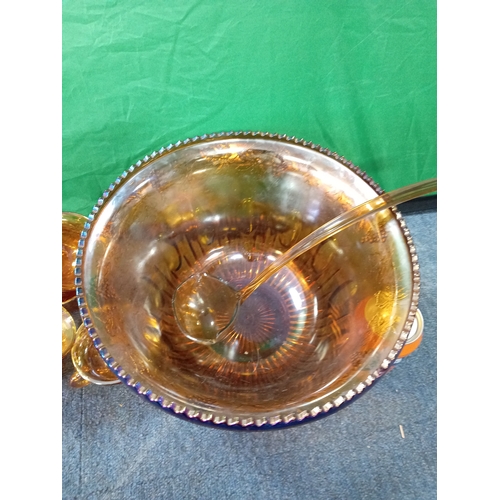 15 - Vintage Indiana Carnival Marigold Iridescent Glass Punch Bowl (one small chip as shown) With Matchin... 