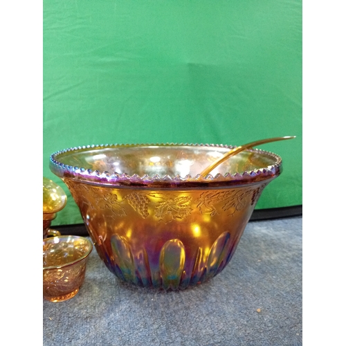 15 - Vintage Indiana Carnival Marigold Iridescent Glass Punch Bowl (one small chip as shown) With Matchin... 