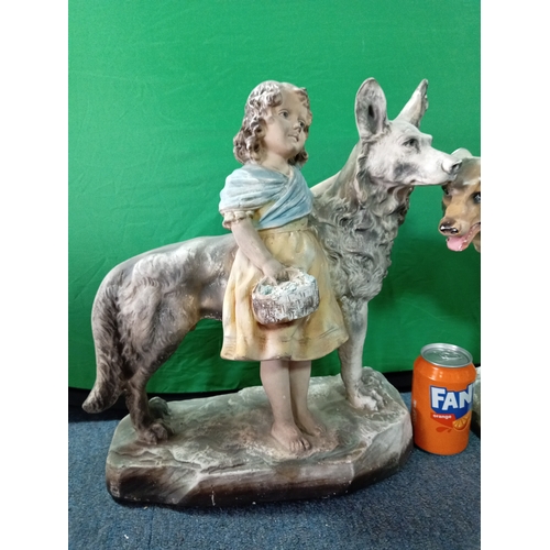17 - Antique Bisque Plaster OP Chalkware Children And Dogs Large Figurine signed