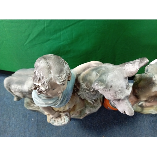 17 - Antique Bisque Plaster OP Chalkware Children And Dogs Large Figurine signed
