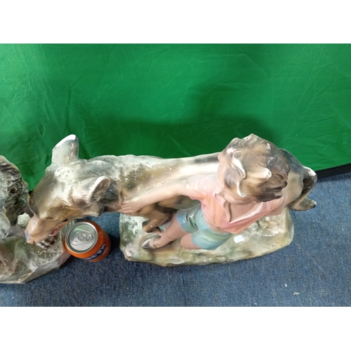 17 - Antique Bisque Plaster OP Chalkware Children And Dogs Large Figurine signed