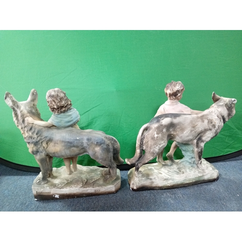 17 - Antique Bisque Plaster OP Chalkware Children And Dogs Large Figurine signed