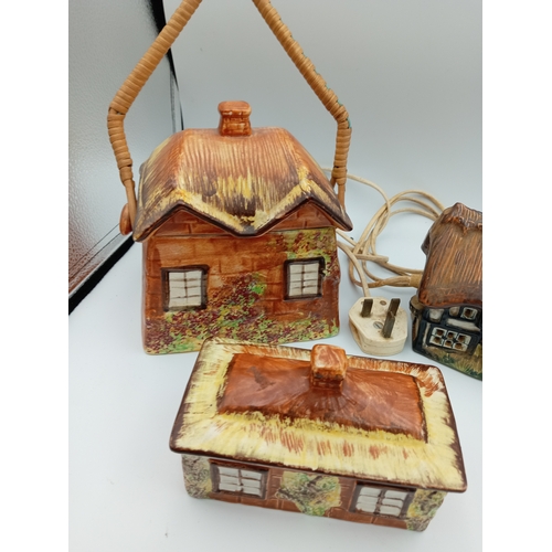 28 - Collection Of Ceramic Cottage Houses Including one as a lamp, Kensington Price Made In England Biscu... 