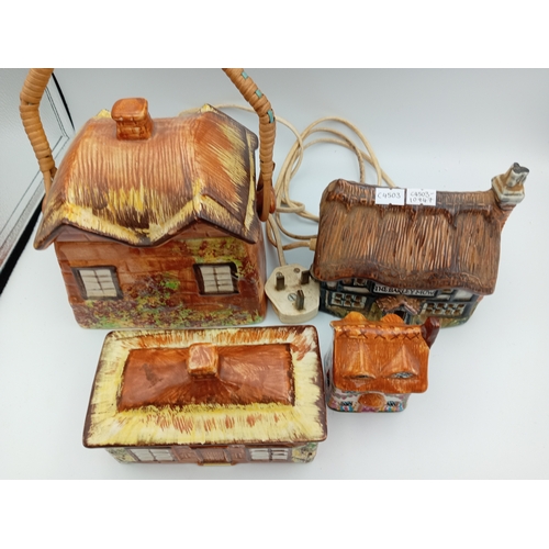 28 - Collection Of Ceramic Cottage Houses Including one as a lamp, Kensington Price Made In England Biscu... 