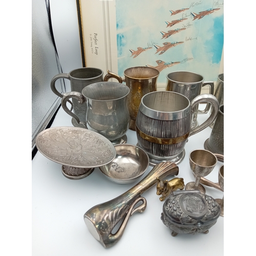 32 - Collection Of Decorative Pewter Tankards and Similar Items & Vintage 'Perfect Loop' Airforce Framed ... 